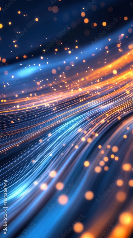 Poster abstract vibrant light trails with glowing particles create a mesmerizing flow of colors in deep blu