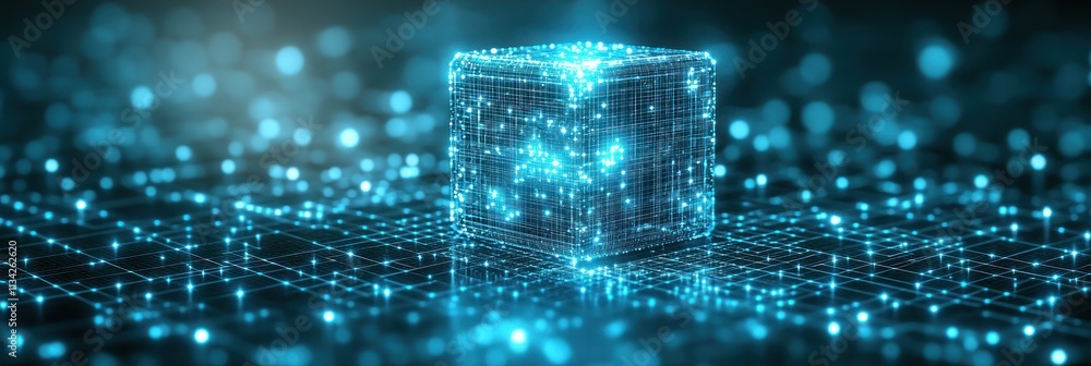 Aufkleber a glowing digital cube surrounded by a network of sparkling data points.