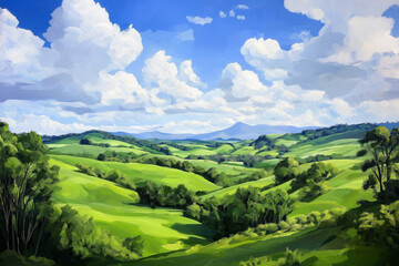 Obraz premium A vibrant oil painting-style landscape of rolling green hills and a bright blue sky.