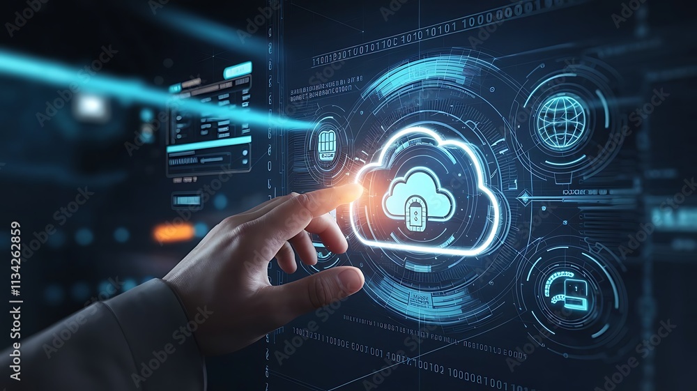 Poster hand interacting with glowing cloud technology interface, cloud computing copy space, copy-space bac