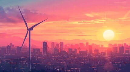 A single wind turbine stands tall against a vibrant sunset over a cityscape.