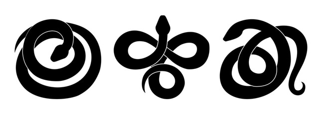 Snake silhouette. Set of black snakes isolated on white background. 2025 Chinese New Year symbol. Vector illustration