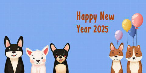 A cheerful illustration featuring cartoon dogs celebrating New Year 2025 with colorful balloons against a blue background.