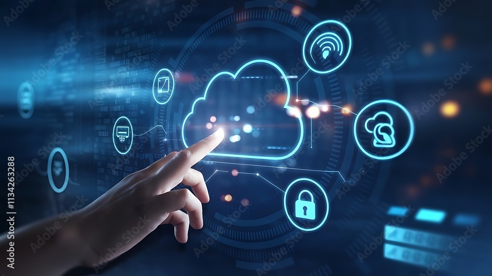 Poster hand interacting with glowing cloud technology interface, cloud computing copy space, copy-space bac
