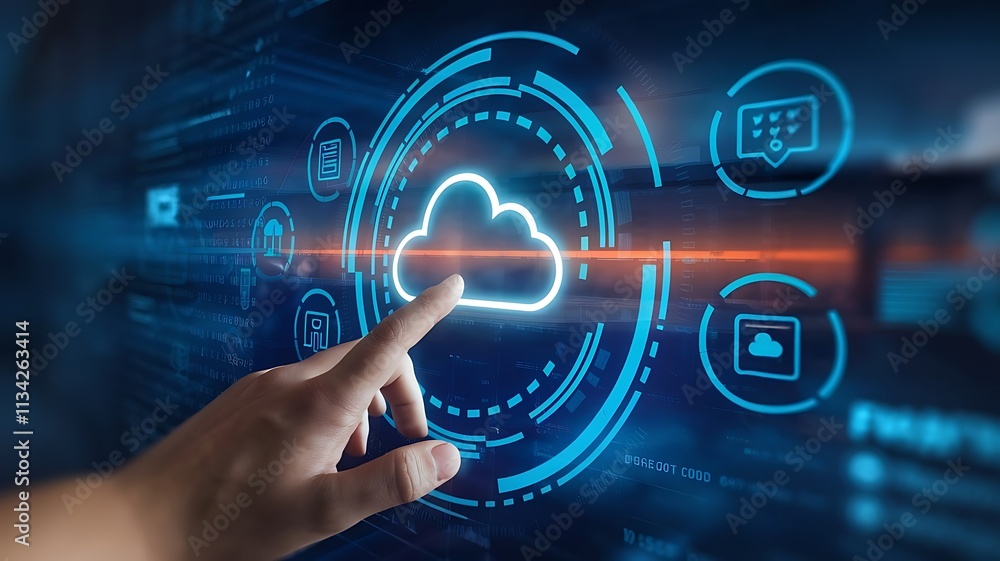Poster hand interacting with glowing cloud technology interface, cloud computing copy space, copy-space bac