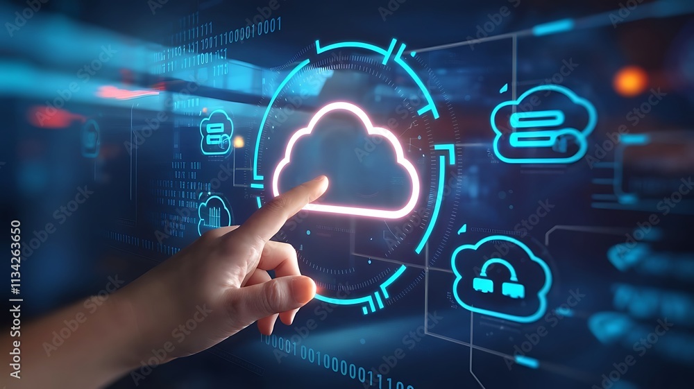 Poster hand interacting with glowing cloud technology interface, cloud computing copy space, copy-space bac