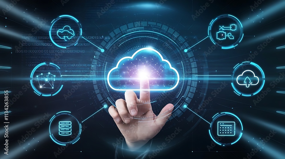 Poster hand interacting with glowing cloud technology interface, cloud computing copy space, copy-space bac