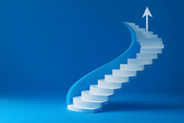 White arrow following the spiral staircase of growth on blue background, 3D arrow climbing up over spiral staircase, 3d stairs with arrow going upward, 3d rendering