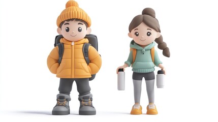 Cartoon children, boy and girl, dressed in winter clothes, standing with backpacks, ready for an adventure.