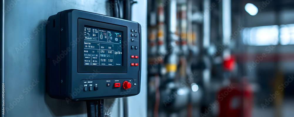 Poster a digital control panel in an industrial setting, displaying operational data and controls.