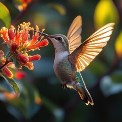 Obraz premium A hummingbird hovering near vibrant flowers, showcasing nature's beauty and pollination.