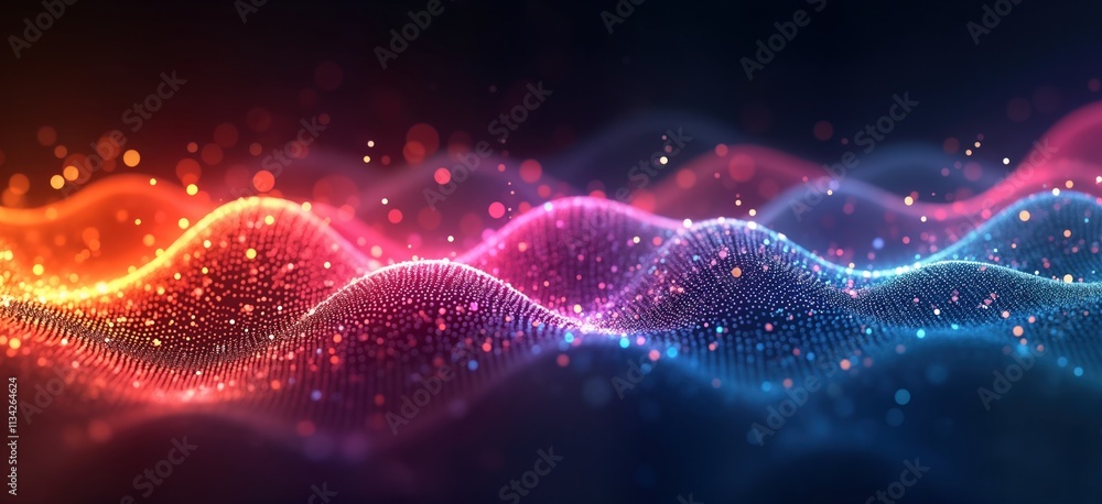 Poster Colorful sound waves in low poly style. Abstract data visualization. Modern tech design. Digital art on dark background. Vibrant colors. Wave patterns. Data flow illustration.
