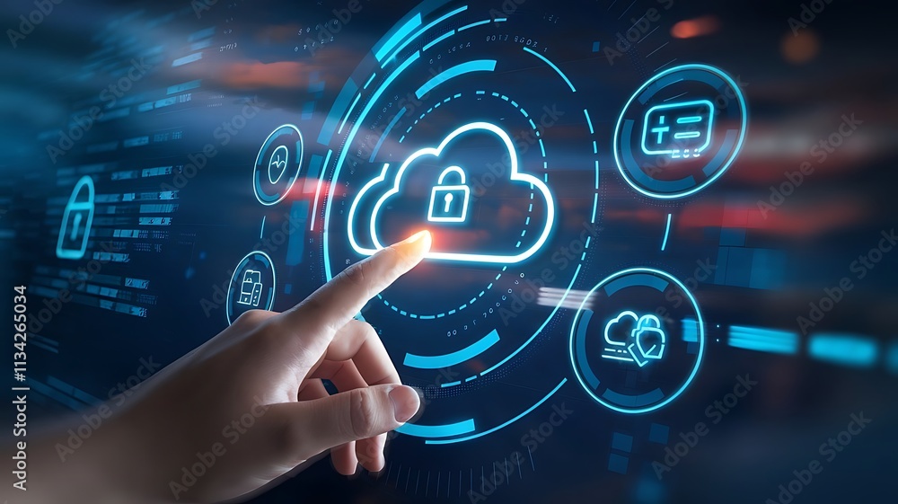 Poster hand interacting with glowing cloud technology interface, cloud computing copy space, copy-space bac