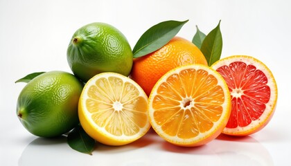 Citrus fruits like lime lemon orange grapefruit displayed on white background. Slices, whole fruits show vibrant colors, textures. Healthy eating concept. Food photography. Fresh produce. Natural