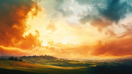 Fototapeta premium Tuscany landscape panorama background at sunset