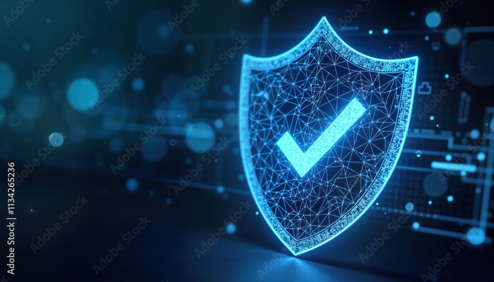 Aufkleber Tech shield secures data. Digital wireframe shield shows security with checkmark. Modern tech solution for safe internet. Cyber protection concept. Antivirus service. Firewall system. Privacy