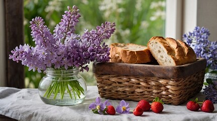 Lilacs, irises, and daisies complementing fresh bread and strawberries in a charming still life composition