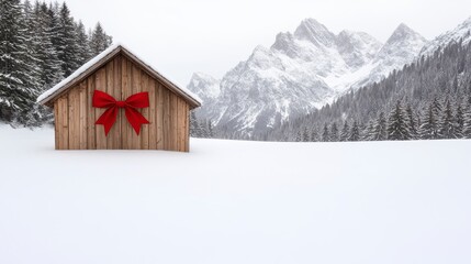 Snowy Cabin with Red Bow Winter Wonderland Christmas Gift