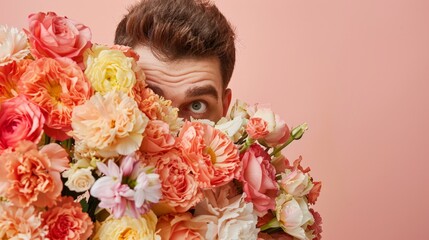 One young man with European appearance peeking out from a large, colorful bouquet of flowers, playful and curious expression, against a pastel pink background with copy space.