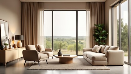 Fototapeta premium Beige living room interior features two armchairs, sofa. Sideboard with art, books is visible. Carpet covers concrete floor. Panoramic window offers countryside panorama. Modern, minimalist design.