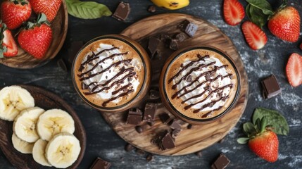 Two chocolate strawberry banana smoothies with whipped cream and chocolate shavings.