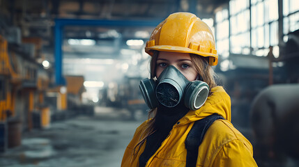 A woman adorned in a vibrant yellow helmet and protective gas mask stands confidently in a hazardous work environment. Her sturdy attire hints at the dangerous nature of her surroundings