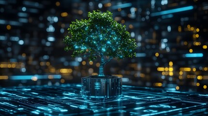Glowing bonsai tree in futuristic digital environment.