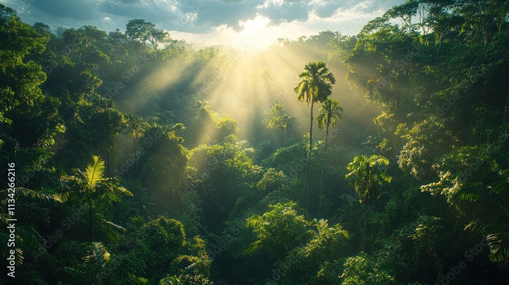 Poster lush rainforest with sunlight filtering through trees, creating a serene atmosphere.