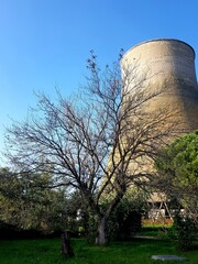 Cooling tower of a nuclear power plant with bare trees in the foreground
