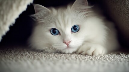 Adorable White Cat with Blue Eyes Fluffy Fur Pet Cozy Home