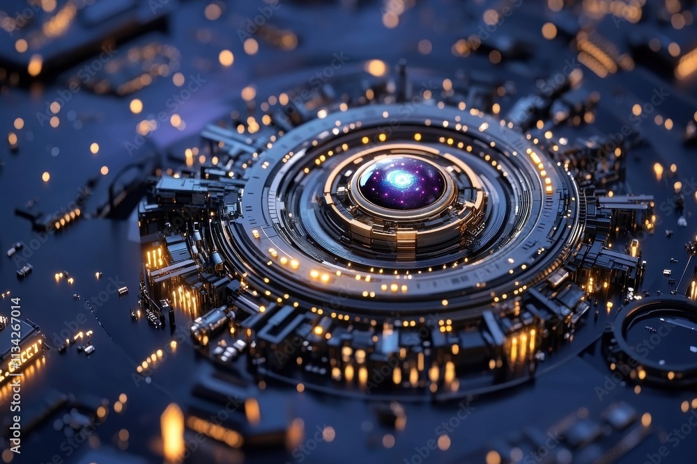 Poster abstract futuristic technology background with intricate circular patterns, glowing lights, and deep