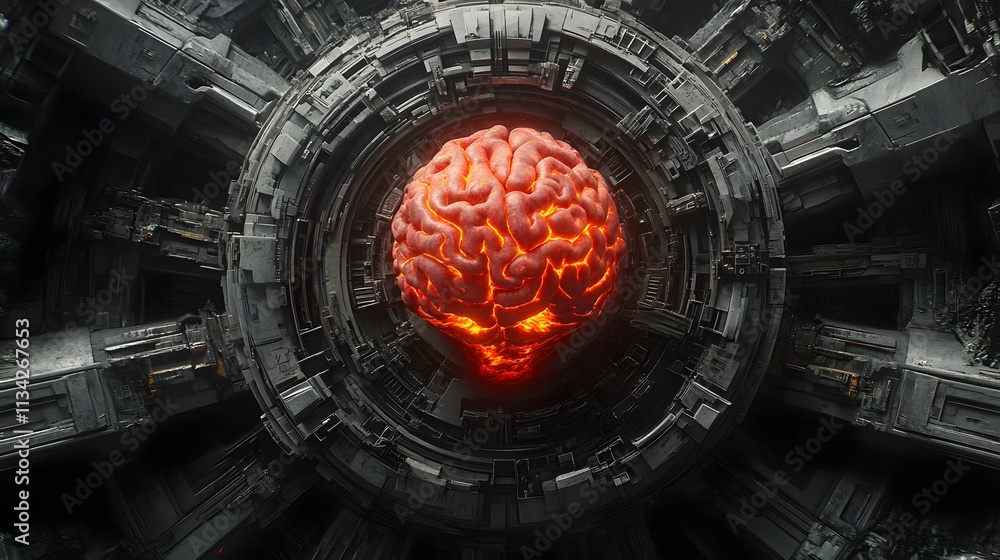 Poster glowing brain inside a complex metallic structure.