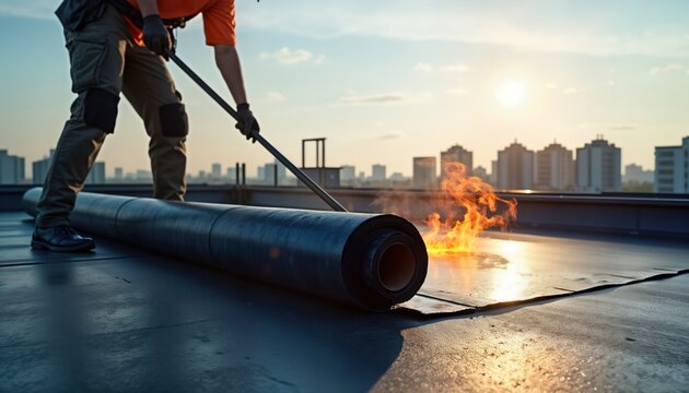 Worker installing bitumen roofing felt on flat roof. Uses tool to melt material. City buildings visible in background. Construction in progress on roof. Professional roofer using heat to adhere