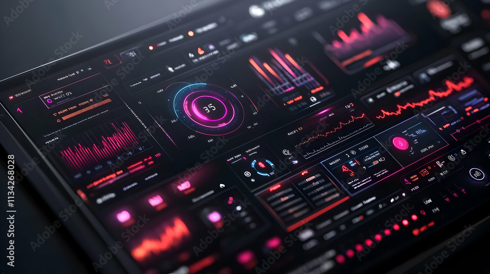Poster a futuristic dashboard displaying data analytics with vibrant colors and graphical elements.