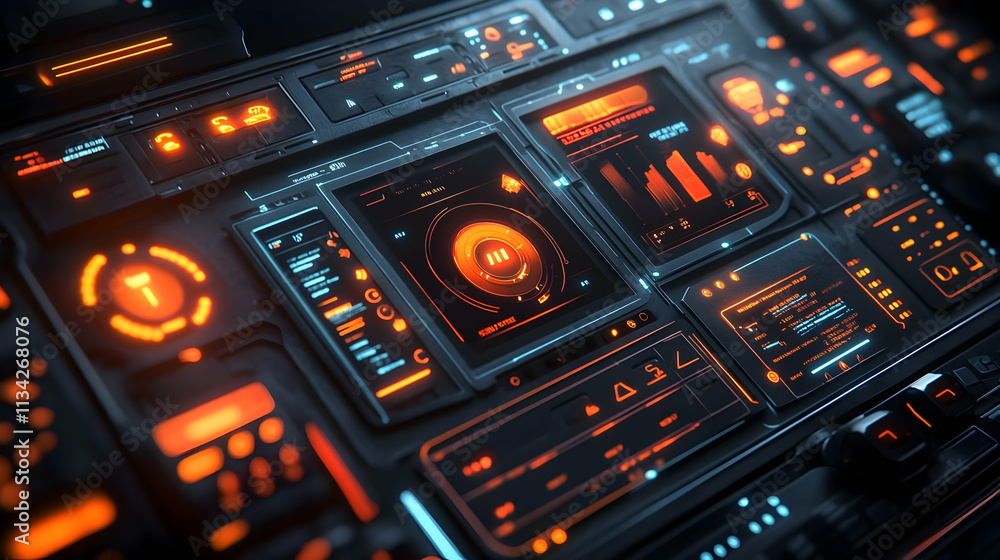 Poster futuristic control panel with glowing interfaces and data displays.