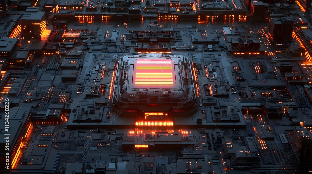 Poster glowing central processing unit surrounded by intricate circuitry.