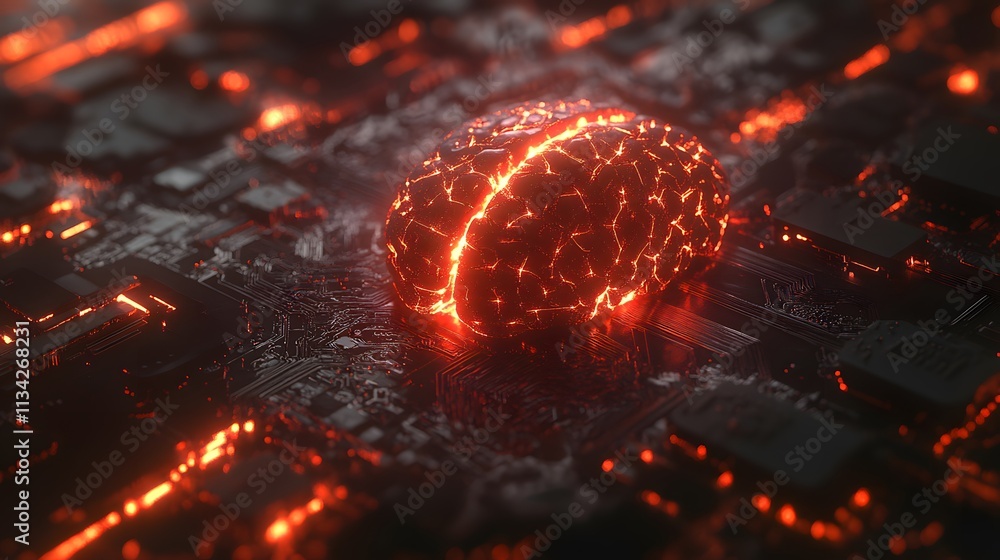 Poster glowing brain on a circuit board, representing ai and technology.