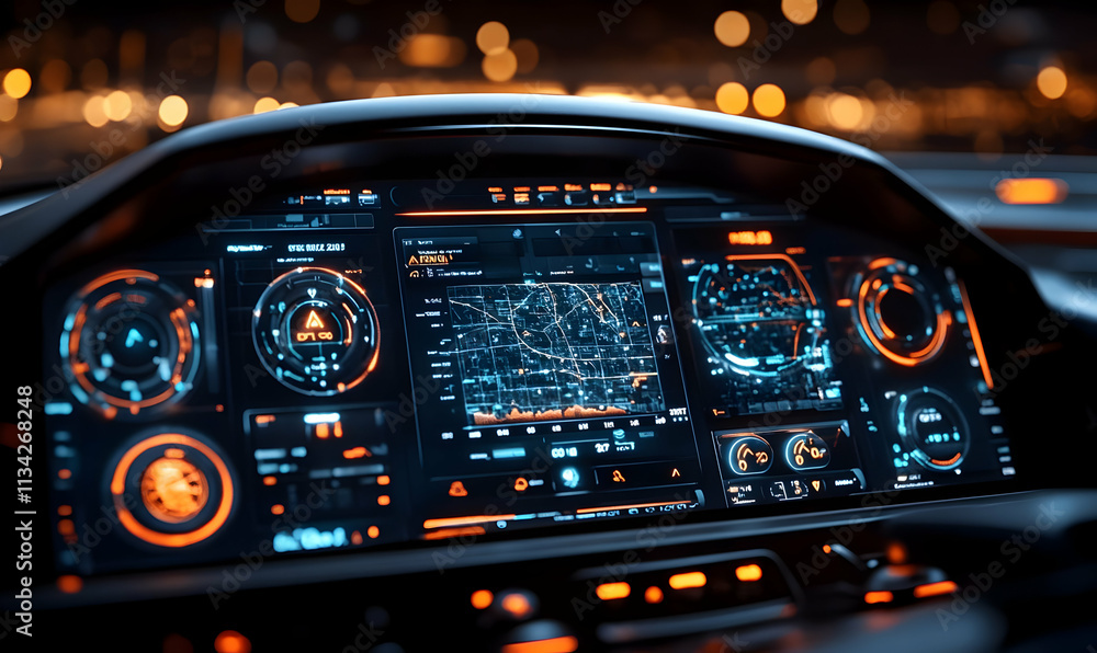 Poster futuristic car dashboard displaying navigation and vehicle information with vibrant graphics.