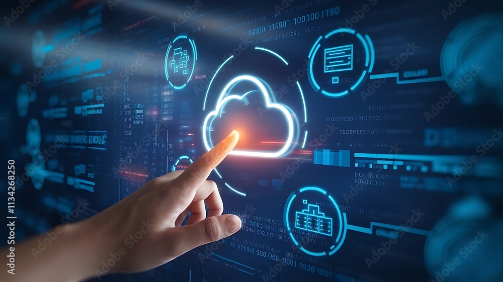 Poster hand interacting with glowing cloud technology interface, cloud computing copy space, copy-space bac