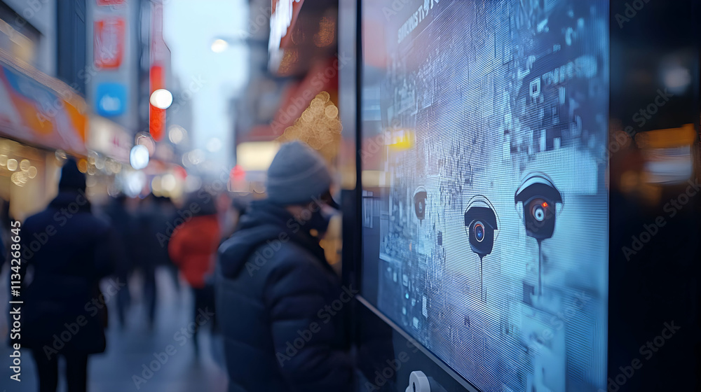 Poster a person observes a digital display featuring surveillance camera graphics in a busy urban setting.