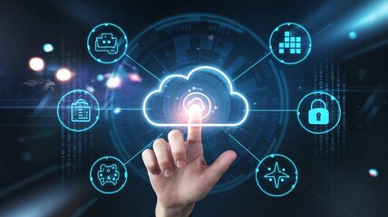 Naklejka premium Hand Interacting with Glowing Cloud Technology Interface, cloud computing copy space, copy-space background, tech copyspace background