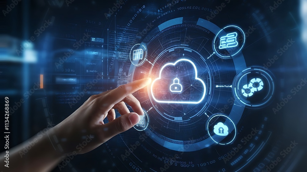Poster hand interacting with glowing cloud technology interface, cloud computing copy space, copy-space bac
