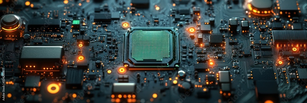 Poster a close-up view of a circuit board featuring a central processor and electronic components.