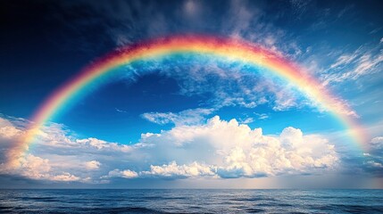 A vibrant rainbow arches over a serene ocean under a dramatic sky filled with clouds.