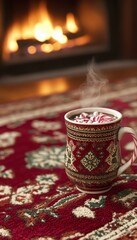A cozy cup of hot cocoa with peppermint sticks by a warm fireplace on a festive rug.