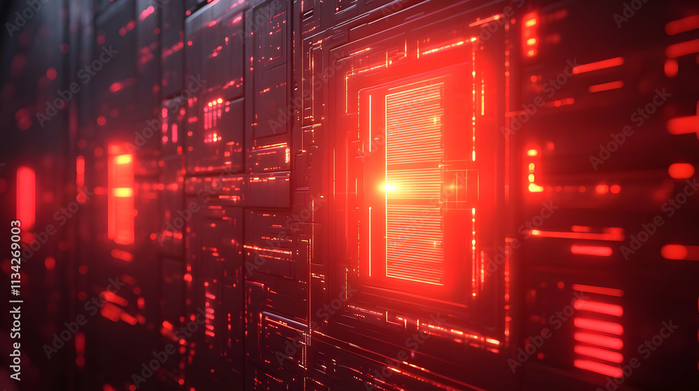 Poster a futuristic, illuminated panel with red lights and intricate patterns.