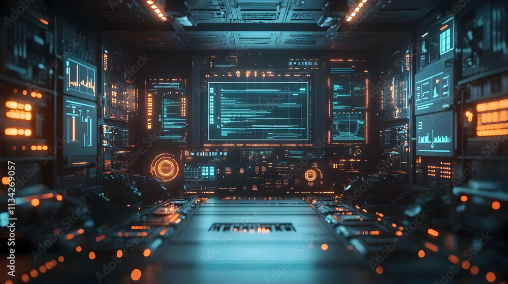 Poster futuristic control room with glowing interfaces and screens displaying data.