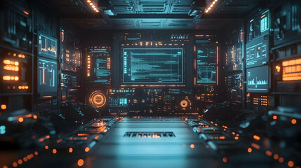 Futuristic control room with glowing interfaces and screens displaying data.
