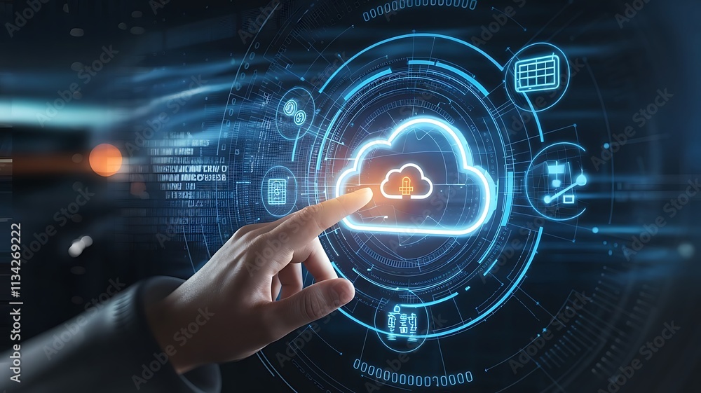 Poster hand interacting with glowing cloud technology interface, cloud computing copy space, copy-space bac