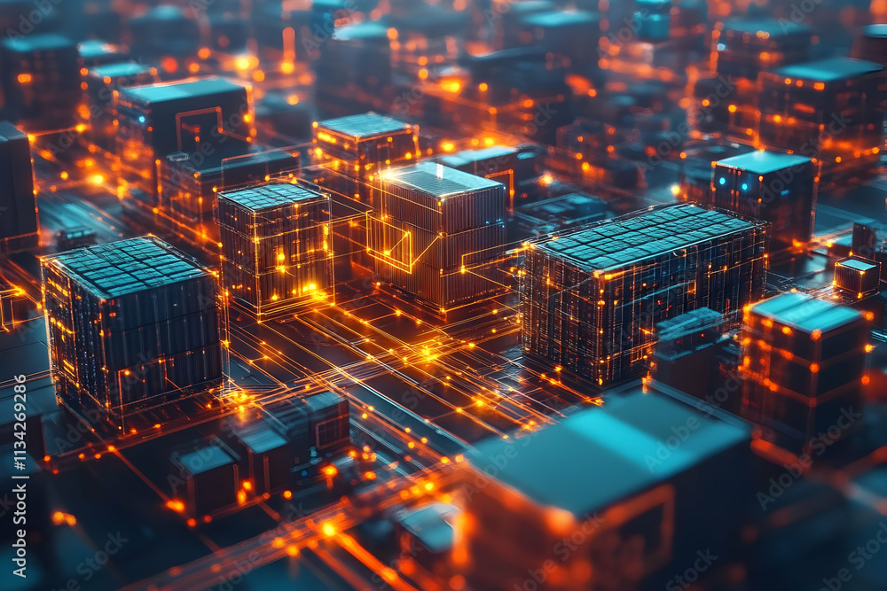 Aufkleber a futuristic cityscape of glowing data blocks and interconnected lines.